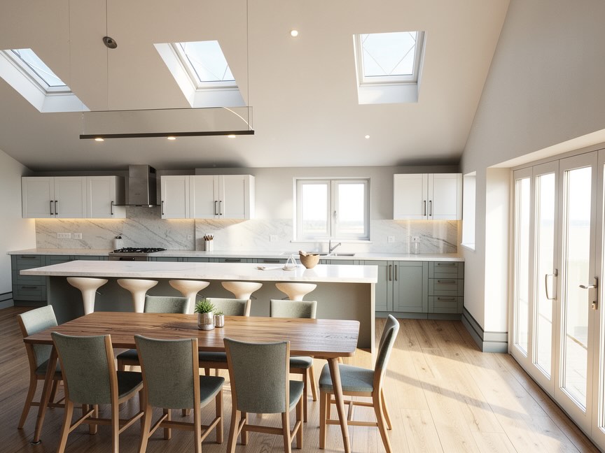 Modern kitchen interior with vaulted ceiling